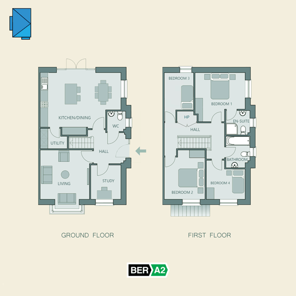 Ground and first floor plans for The Aspen, a 4 Bedroom Semi-detached House at Marlmount