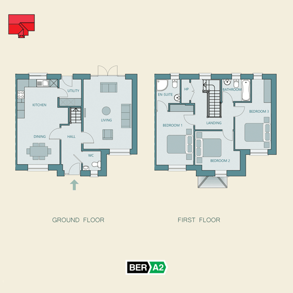 Ground and first floor plans for The Beech, a 3 Bedroom Semi-detached House at Marlmount