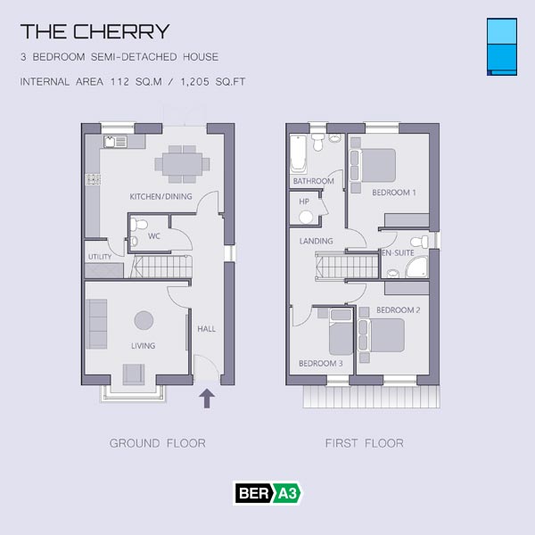 Ground and first floor plans for The Cherry, a 4 Bedroom Semi-detached House at Marlmount